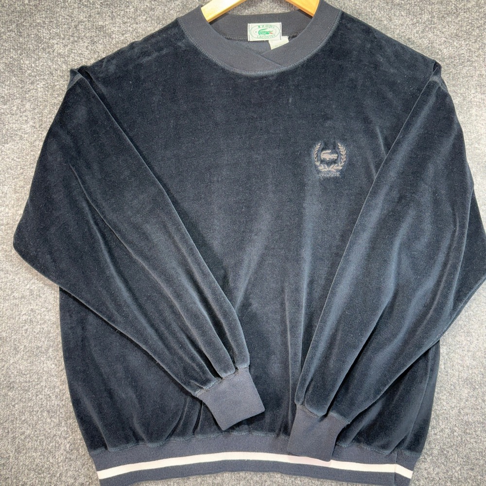 Izod Lacoste Velour Sweatshirt Men XL Navy Blue Crest Logo Pullover Vintage 80s? - Picture 1 of 11